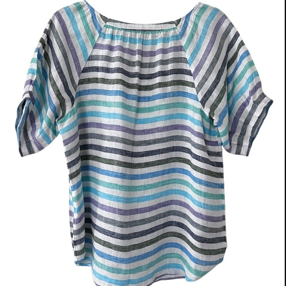 Talbots 100% Linen Popover Top Rockwell Stripe White Blue Green size M - Picture 5 of 15